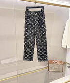 Louis Vuitton monogram straight-leg pants, dark with white logo pattern