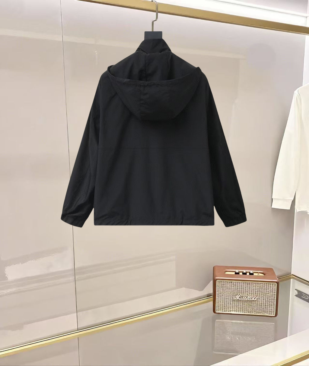 Moncler long black hooded jacket, back view with hood and front zipper