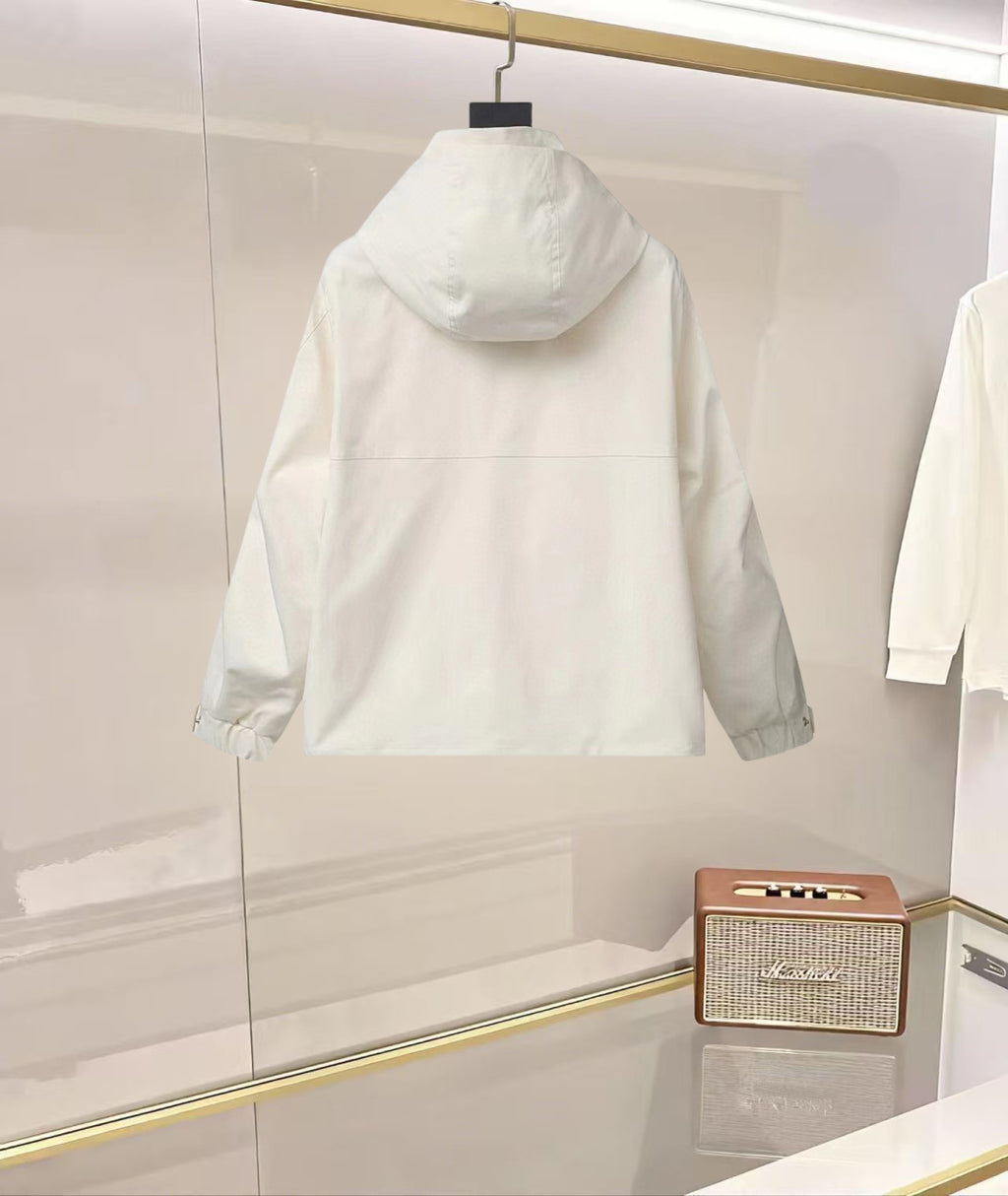 Long hooded Moncler jacket in white with back view and drawstring hood