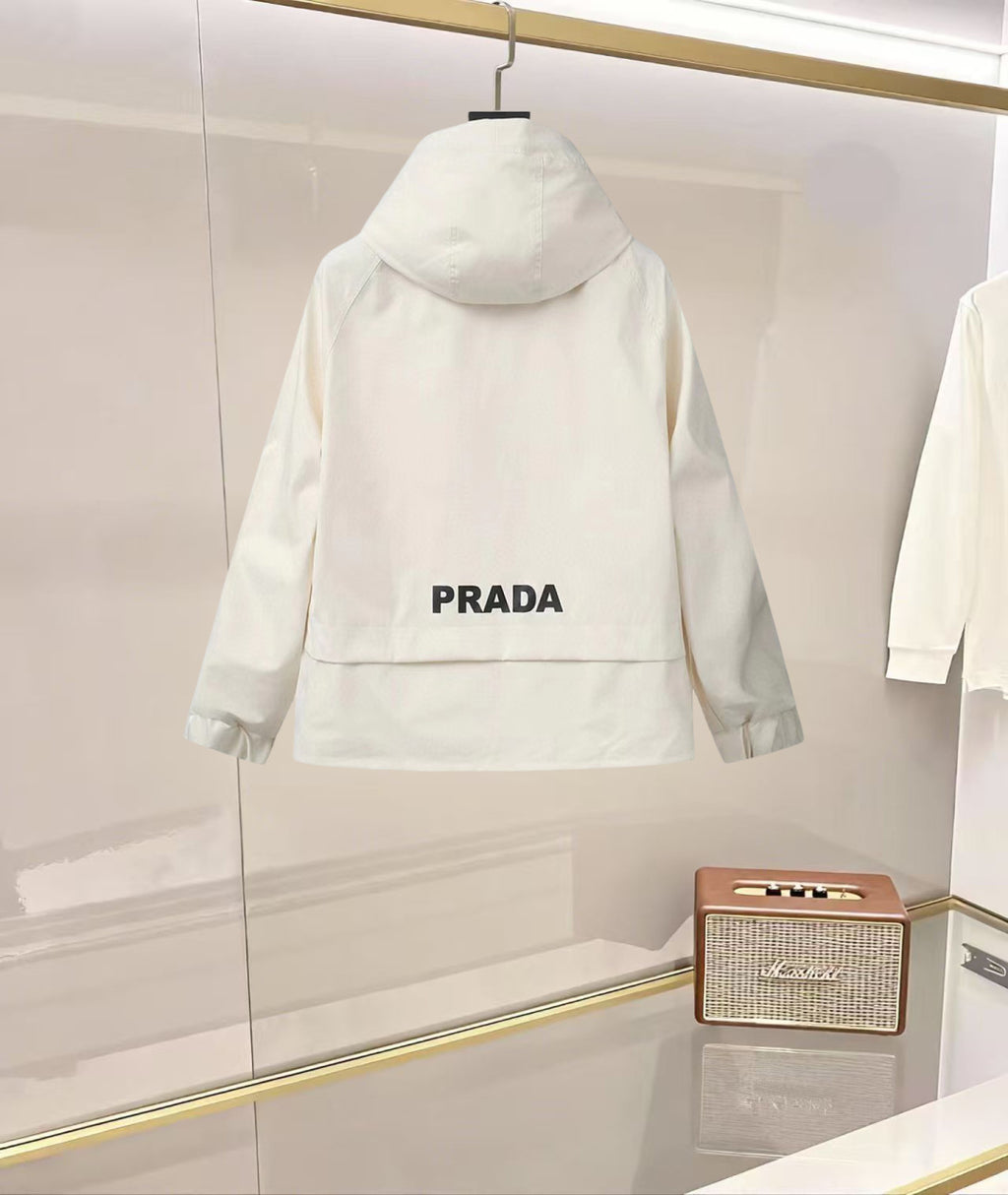 White hooded long jacket with PRADA logo text on back