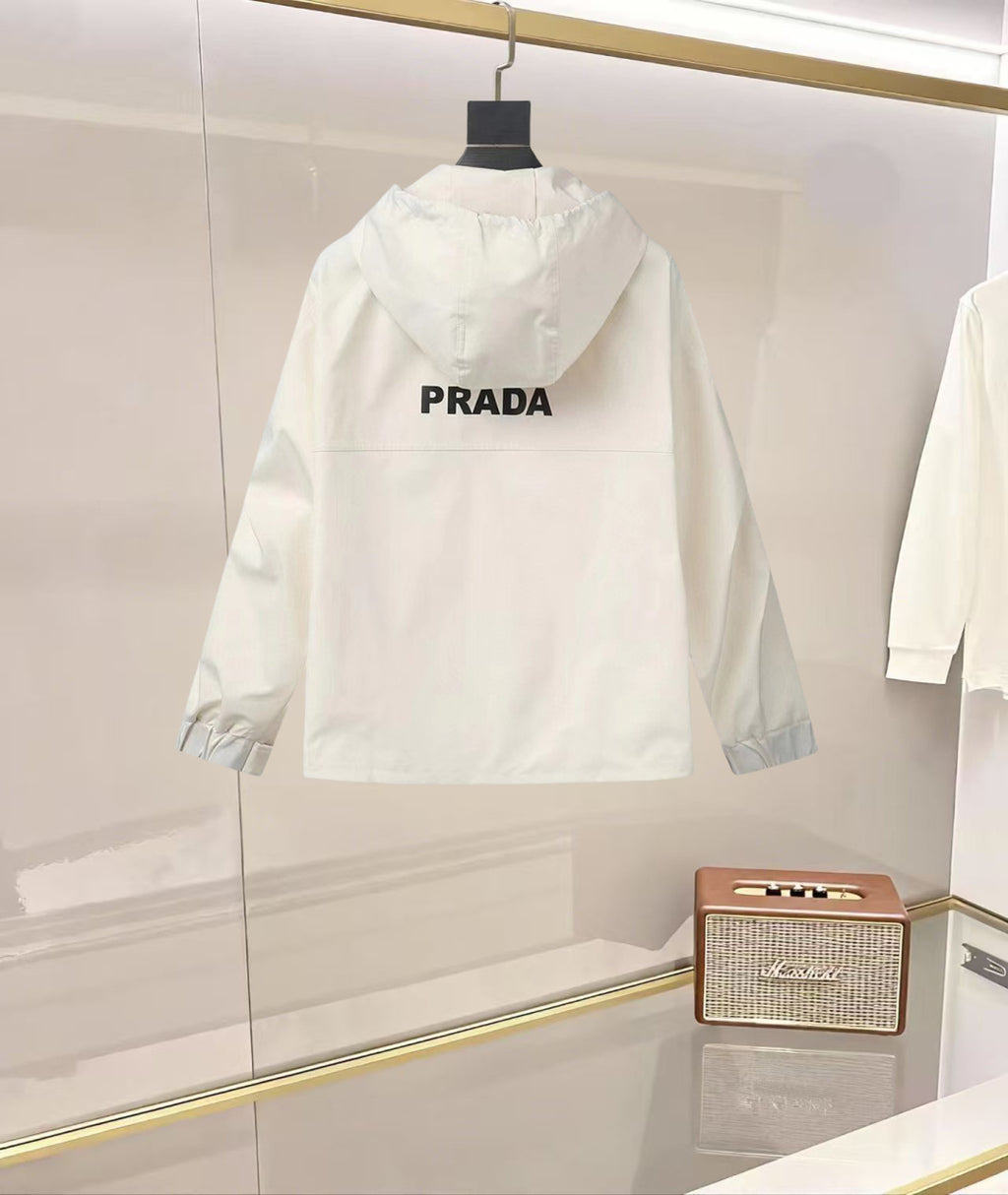 Prada hooded long jacket in white with PRADA back logo and button front