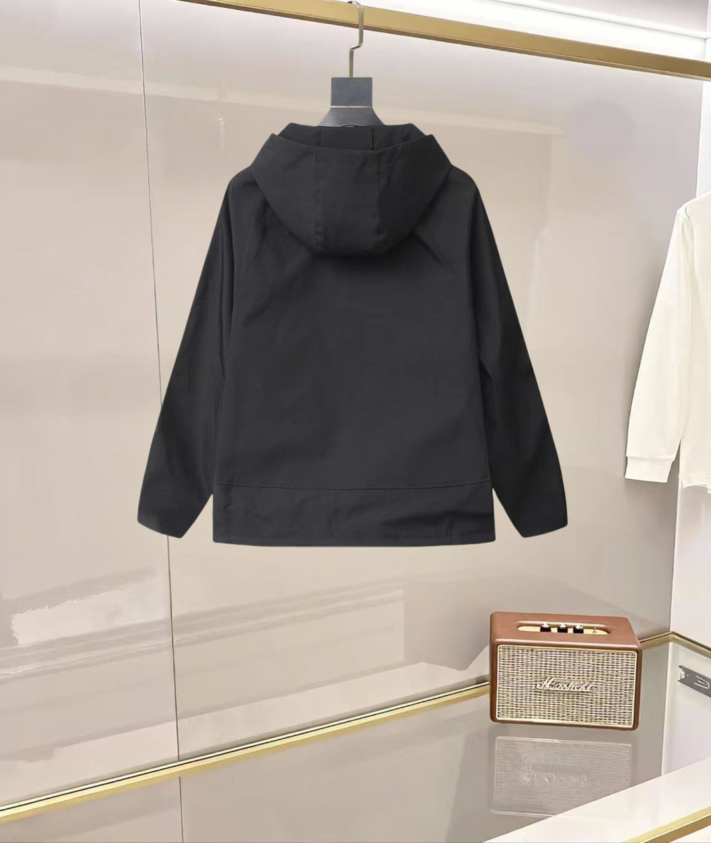 Black Prada hooded rain jacket, rear view with adjustable hem
