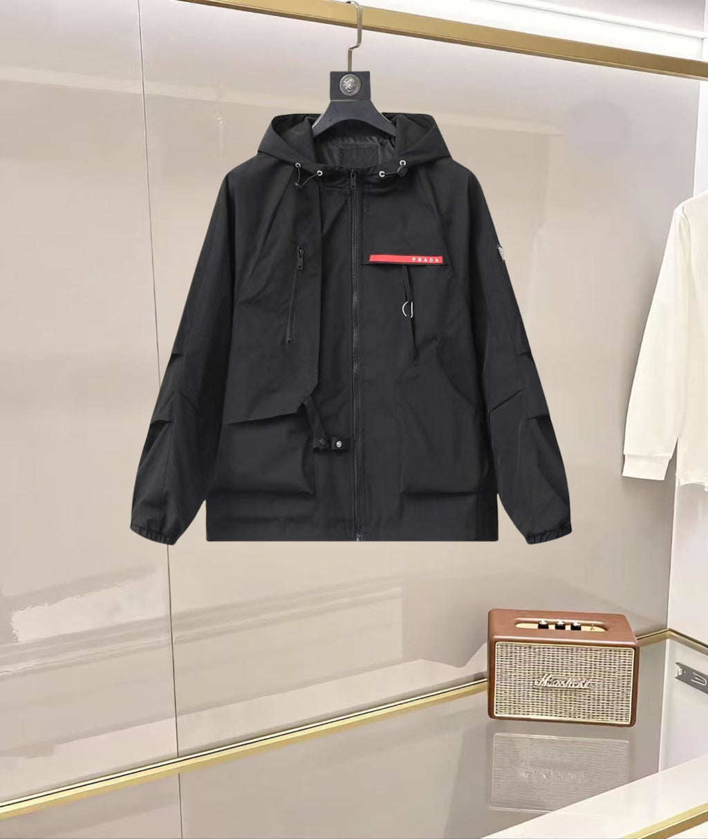 Black Prada hooded rain jacket with snap-front and logo chest patch