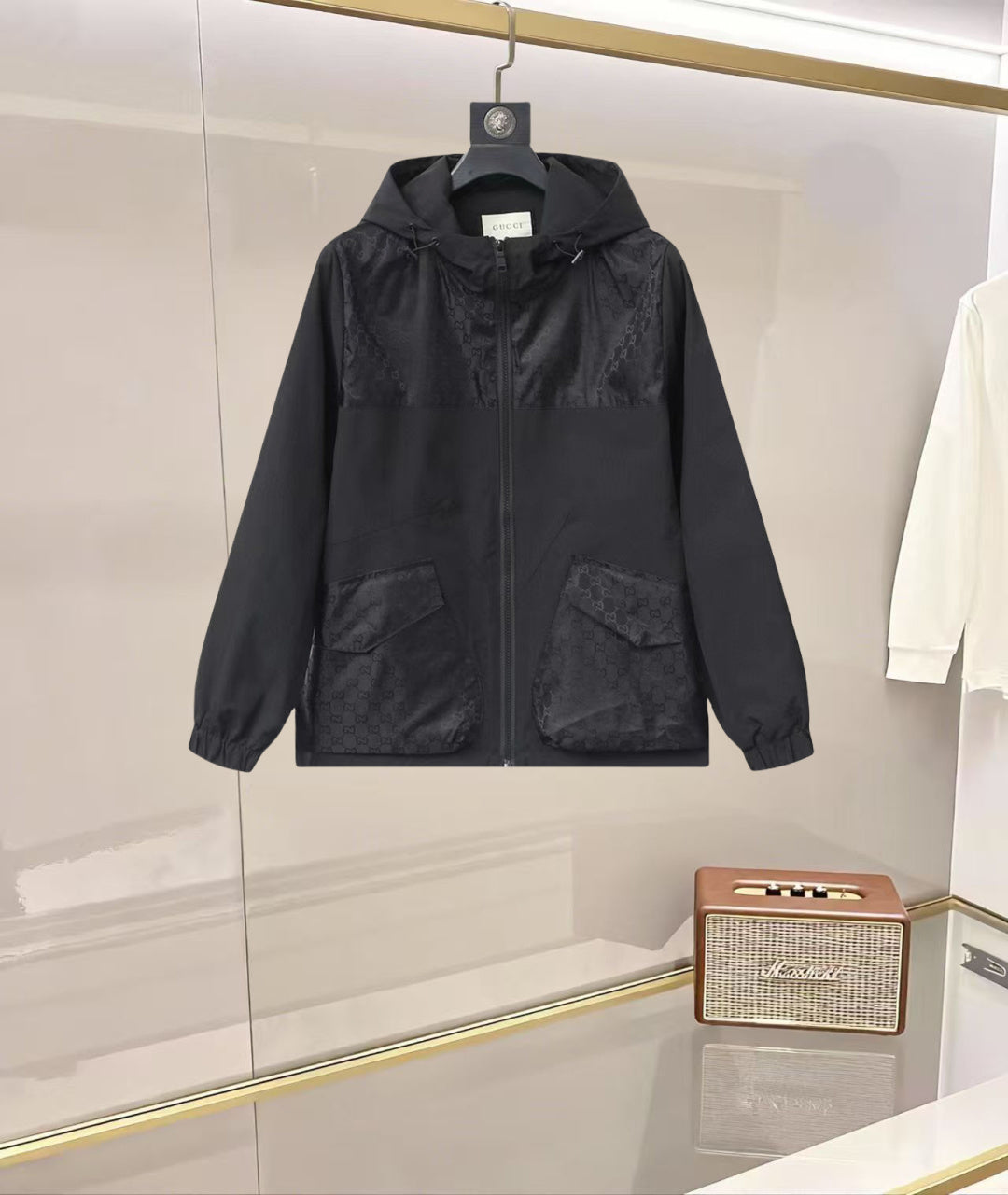 Gucci black hooded long jacket with full front zipper and pockets