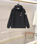 Moncler long black hooded jacket, front zipper, chest logo patch