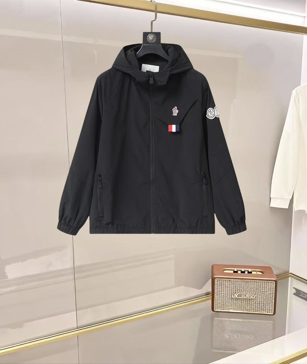 Moncler long black hooded jacket, front zipper, chest logo patch