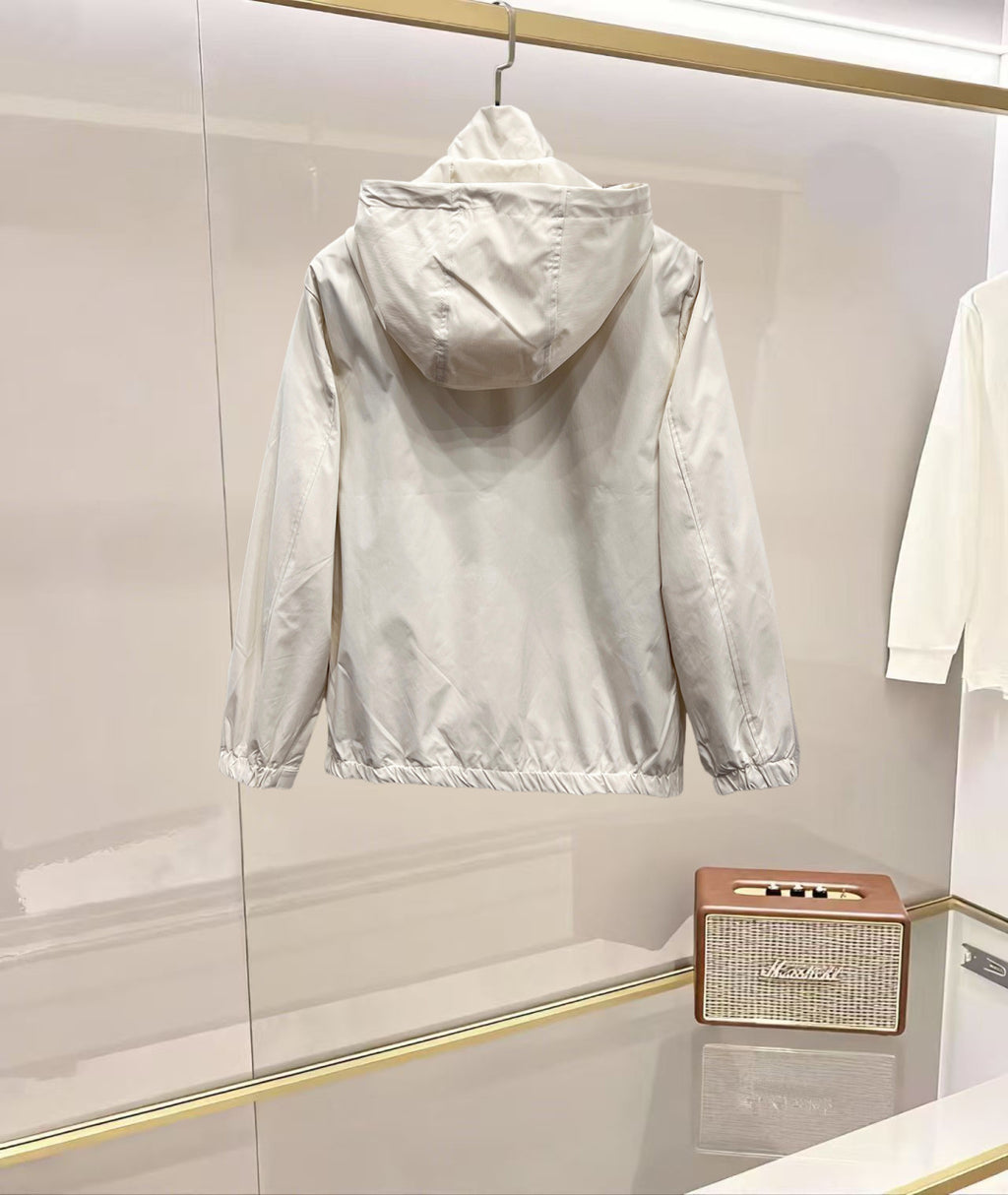 White hooded jacket with full back view and front zipper, elastic cuffs and hem