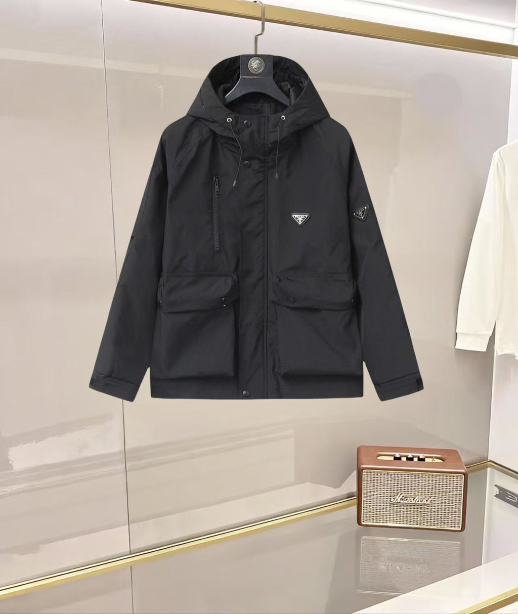 Black hooded long jacket with front buttons and Prada triangle logo patch