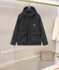 Black hooded long jacket with front buttons and Prada triangle logo patch