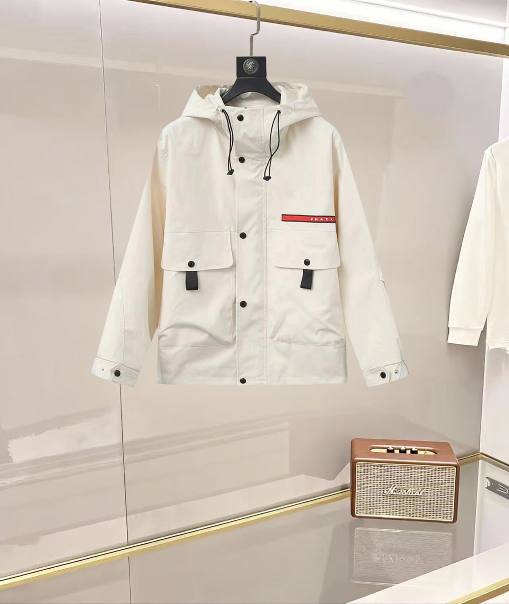 Prada hooded long jacket in white with button front and drawstring neckline