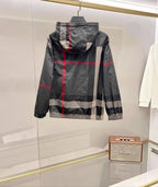 Burberry hooded jacket back view, dark gray with red stripe check, zipped hood