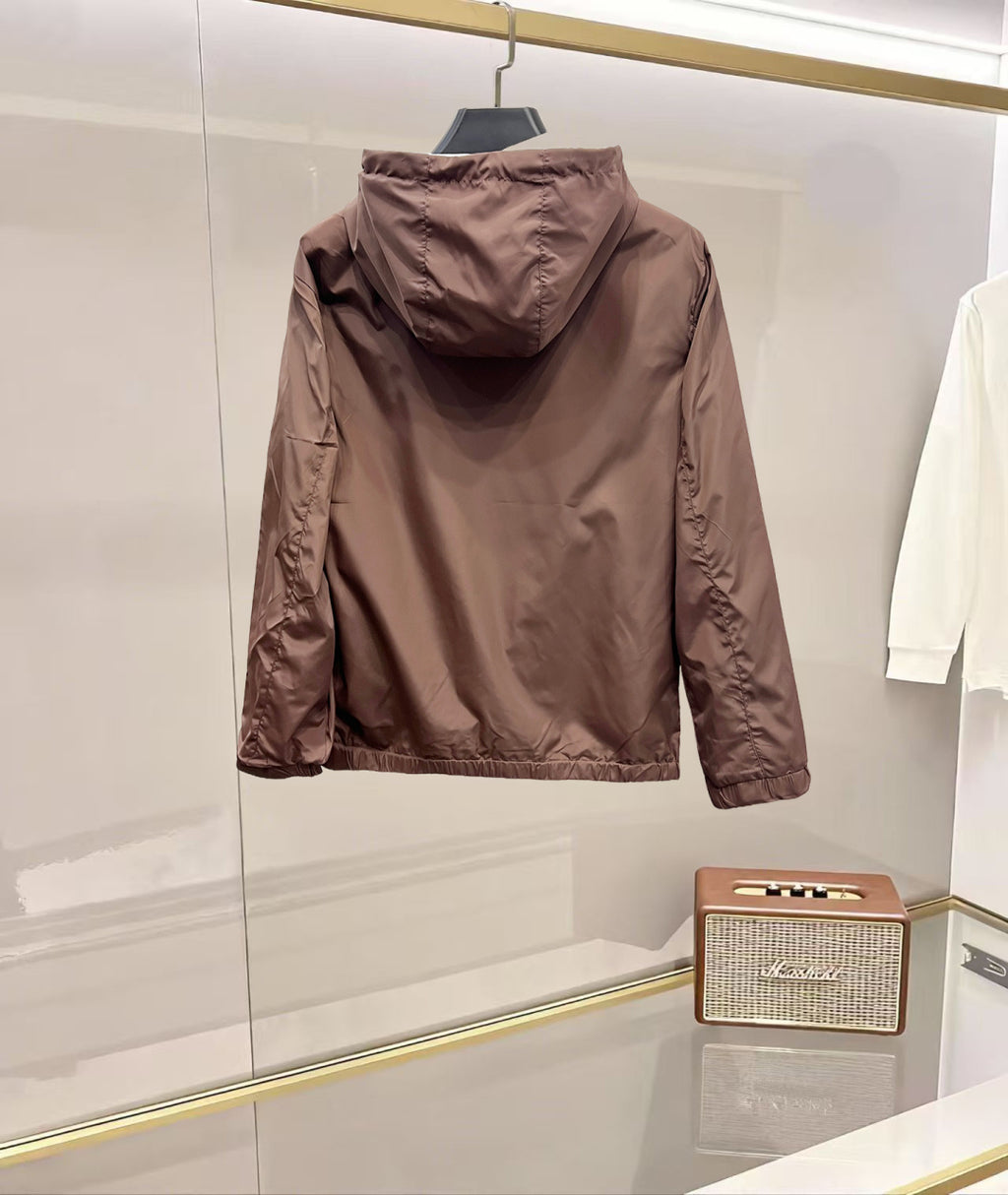 Taupe hooded zip jacket with back yoke seam and gathered hood