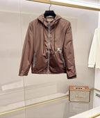 Burberry hooded zip jacket in taupe with drawstring hem and metal zip pockets