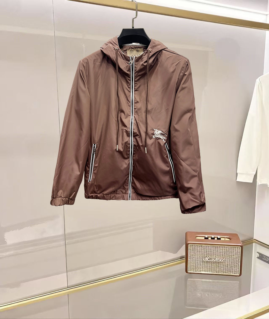 Burberry hooded zip jacket in taupe with drawstring hem and metal zip pockets