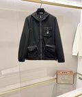 Prada black zip-up long jacket with front pockets and stand collar