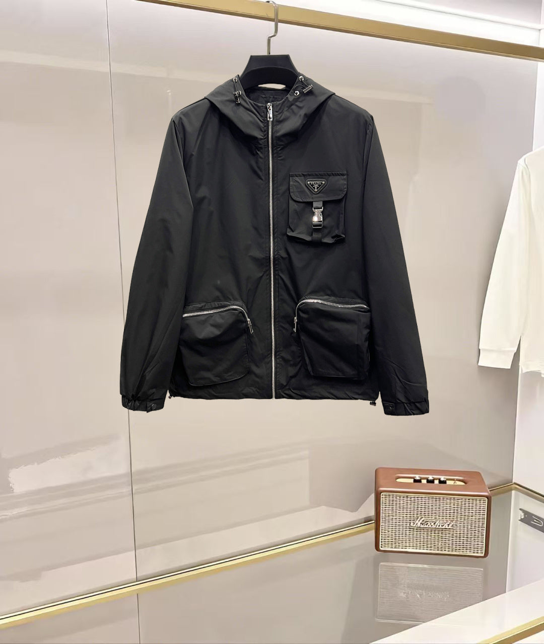 Prada black zip-up long jacket with front pockets and stand collar