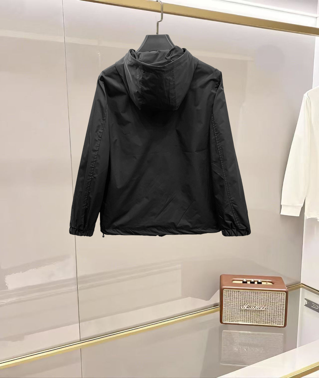 Prada black long jacket with hood and full-length zip, back view