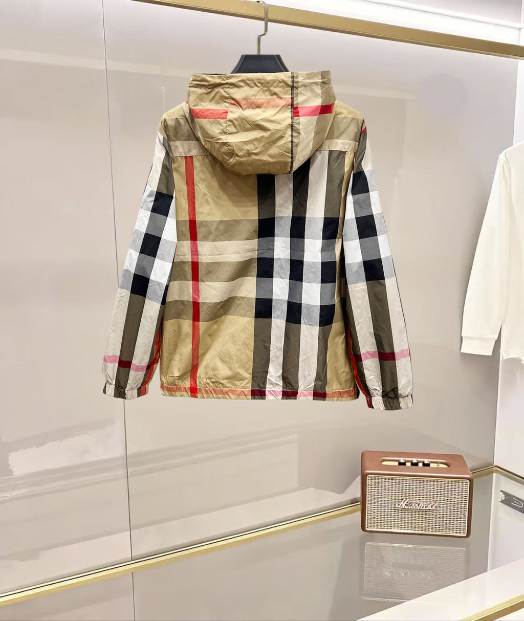 Burberry check hooded jacket, back view with hood and zipper closure