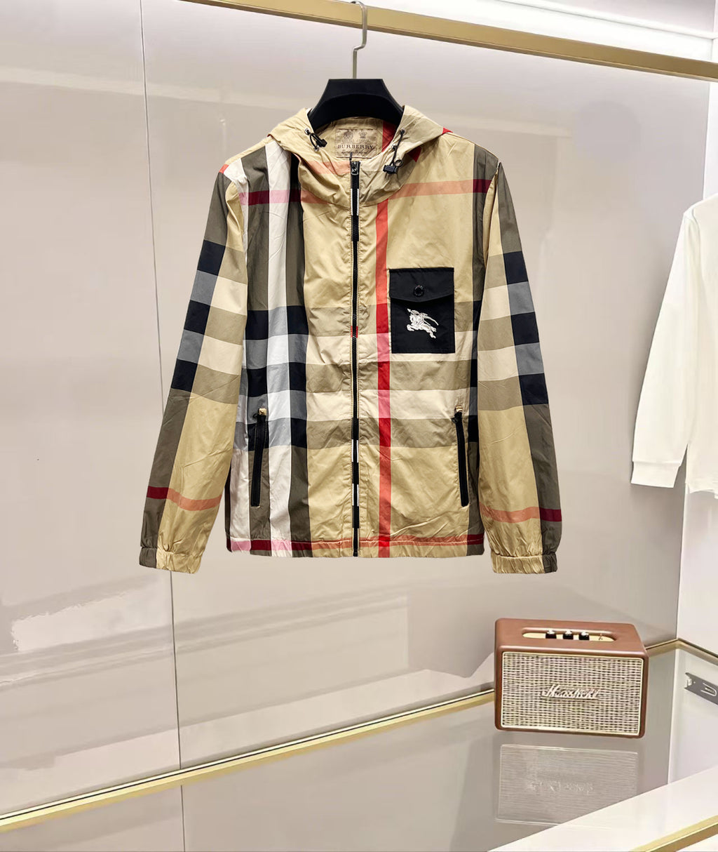 Burberry check hooded jacket with front zipper and black pocket detail