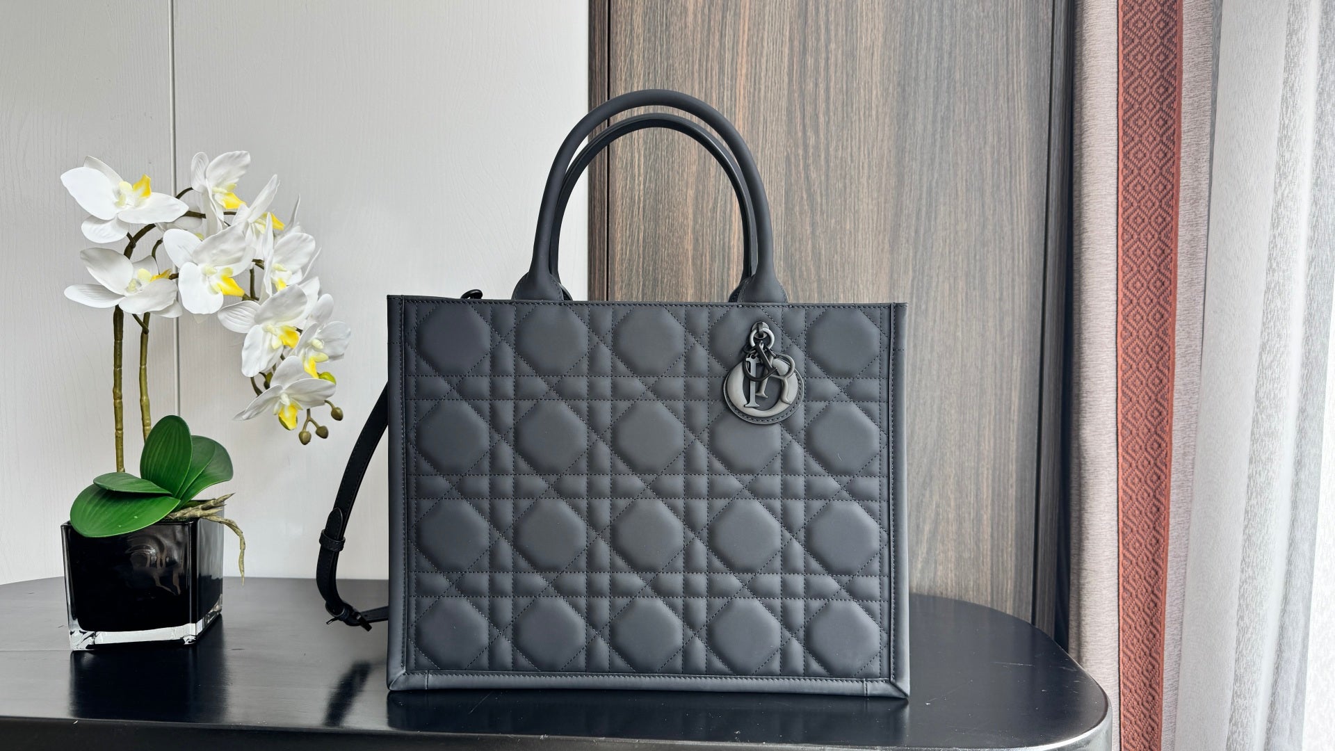 Quilted Dior tote bag with dual top handles, dark gray