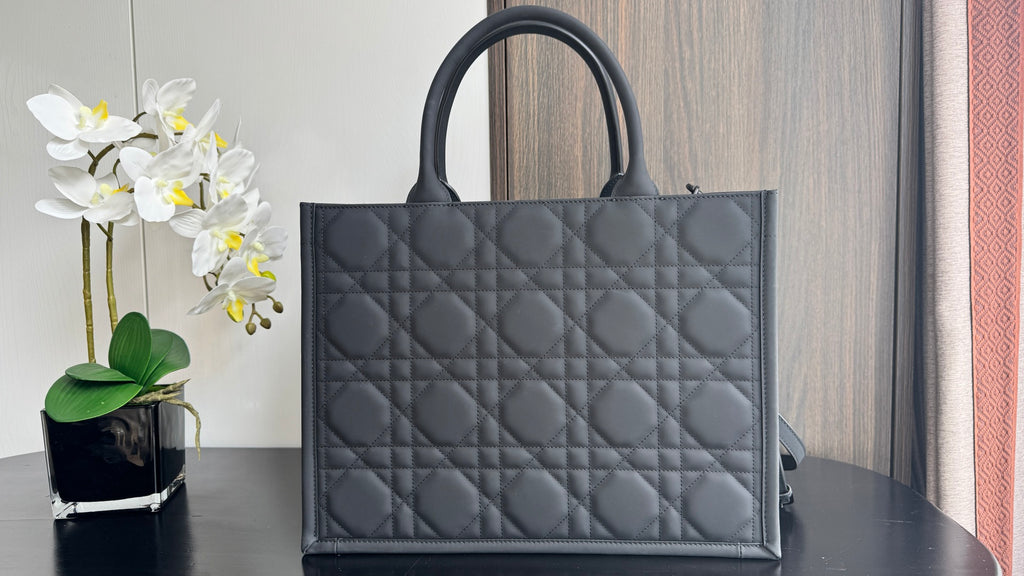 Quilted Dior tote bag with top handles, dark gray leather