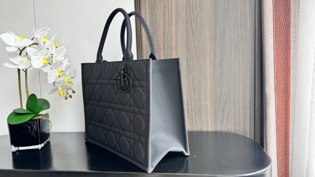 Dior tote bag with structured shape and top handles, dark gray