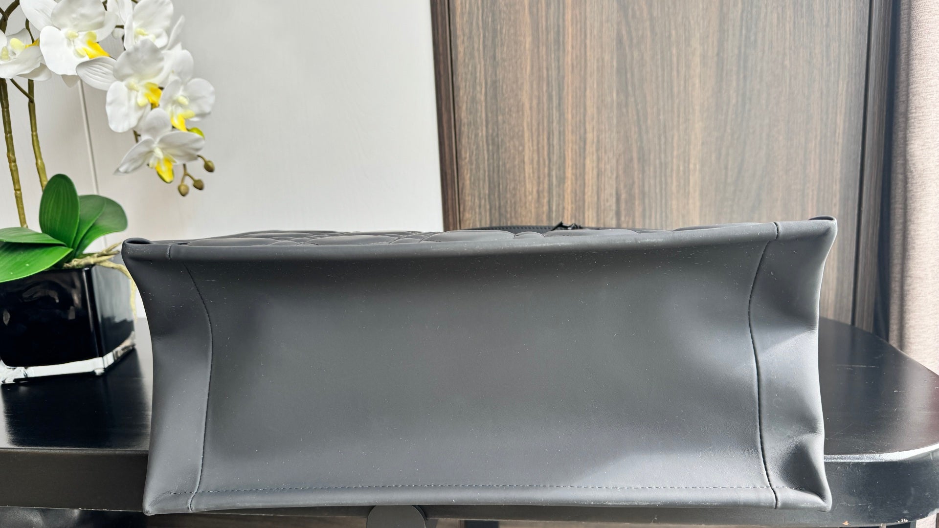 Dior leather tote bag back panel with smooth finish, dark gray