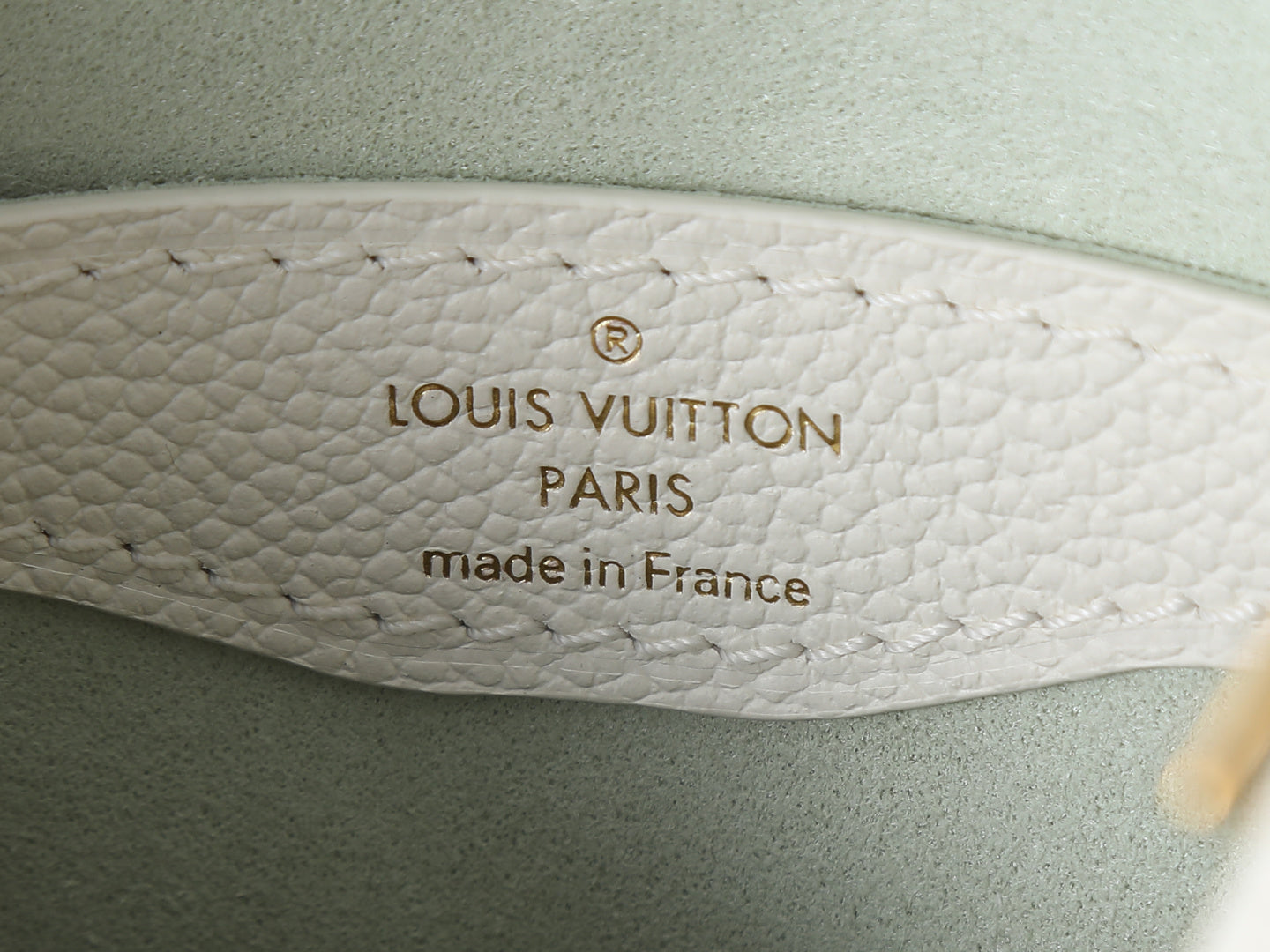 White leather bag patch with Louis Vuitton Paris and made in France
