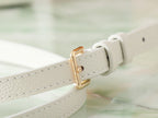 Louis Vuitton bag strap detail with gold-tone buckle on white leather