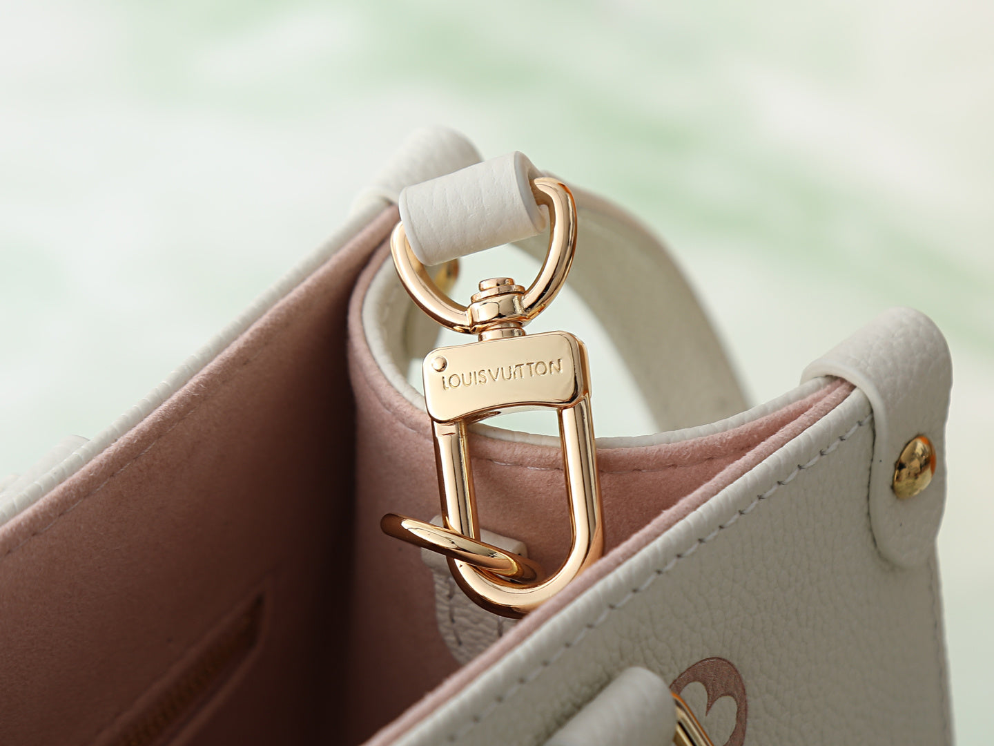 Louis Vuitton bag detail with gold-tone D-ring hardware and white strap tab