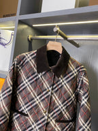 Burberry quilted plaid jacket with dark corduroy collar and snap buttons