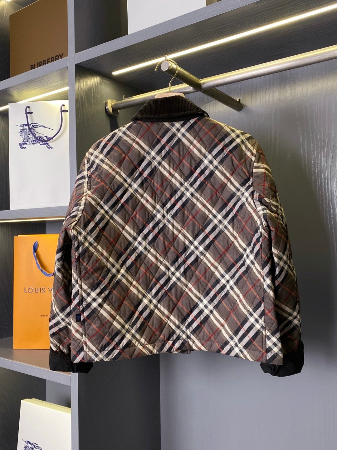 Burberry quilted plaid jacket back view with dark collar