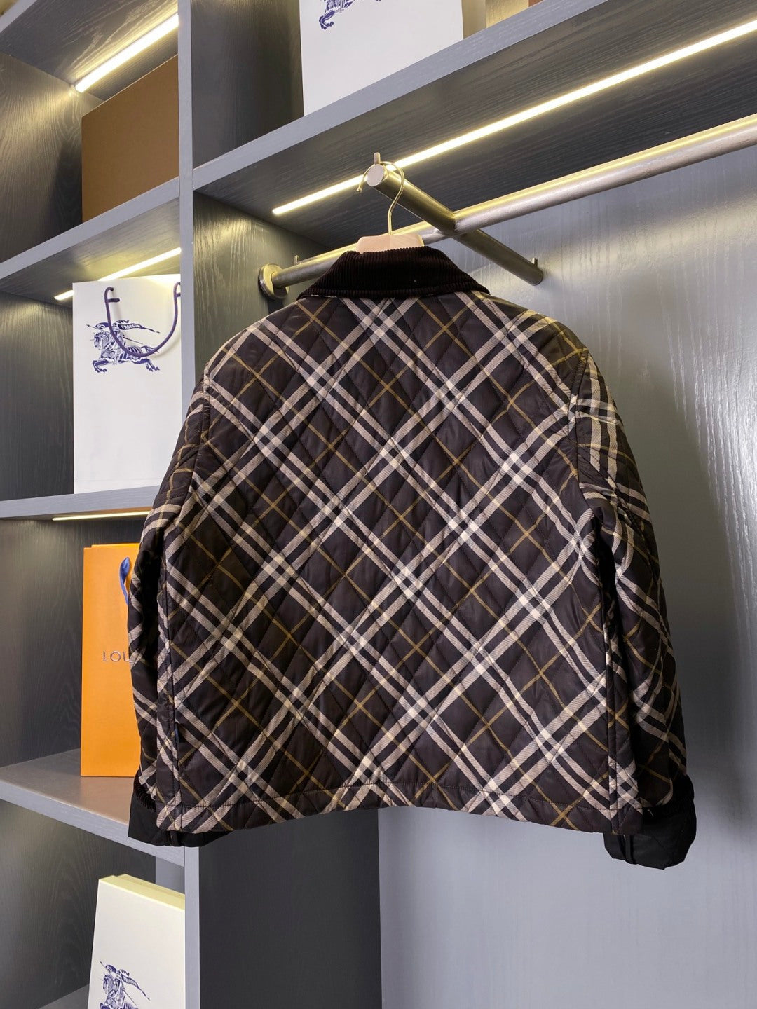 Burberry quilted plaid puffer jacket, check pattern on back, dark elastic cuffs