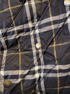 Burberry plaid puffer jacket with metal snap buttons and quilted check pattern