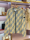 Burberry plaid zip jacket, cream with green and navy lines, black zipper and collar