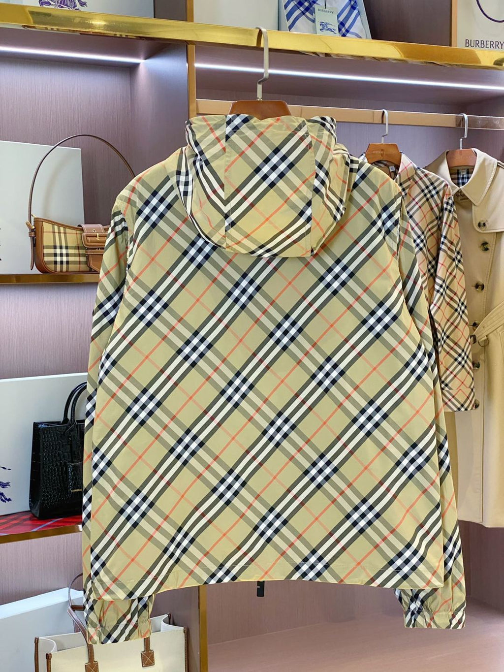 Burberry plaid jacket back view, cream with green and navy check pattern, cuffed sleeves