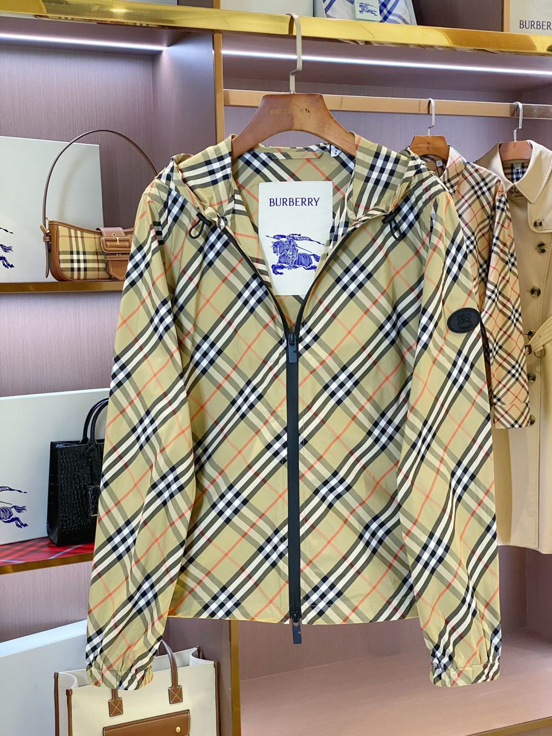 Burberry plaid zip jacket with stand collar, cream base, green and navy check, black zipper