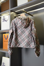 Plaid hooded jacket with front zipper and back horse logo patch