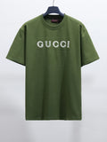 Olive green crew-neck T-shirt with white Gucci logo on chest
