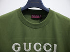 Olive green crew-neck T-shirt collar with Gucci label