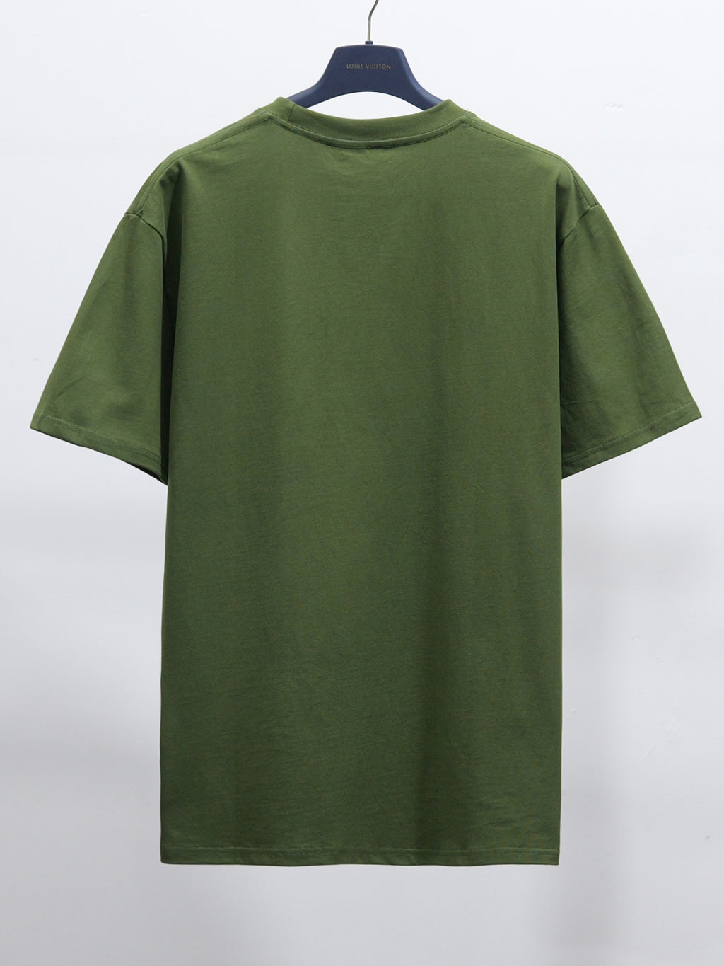 Olive green crew-neck T-shirt on hanger, plain back