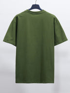 Olive green crew-neck T-shirt on hanger, plain back