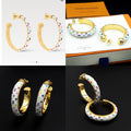 Louis Vuitton monogram hoop earrings, gold and multicolor pattern shown from multiple angles