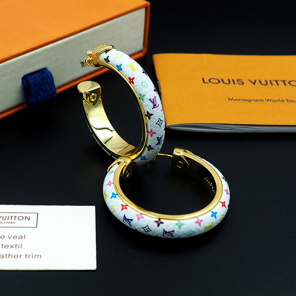 Louis Vuitton monogram hoop earrings with gold hardware and multicolor pattern