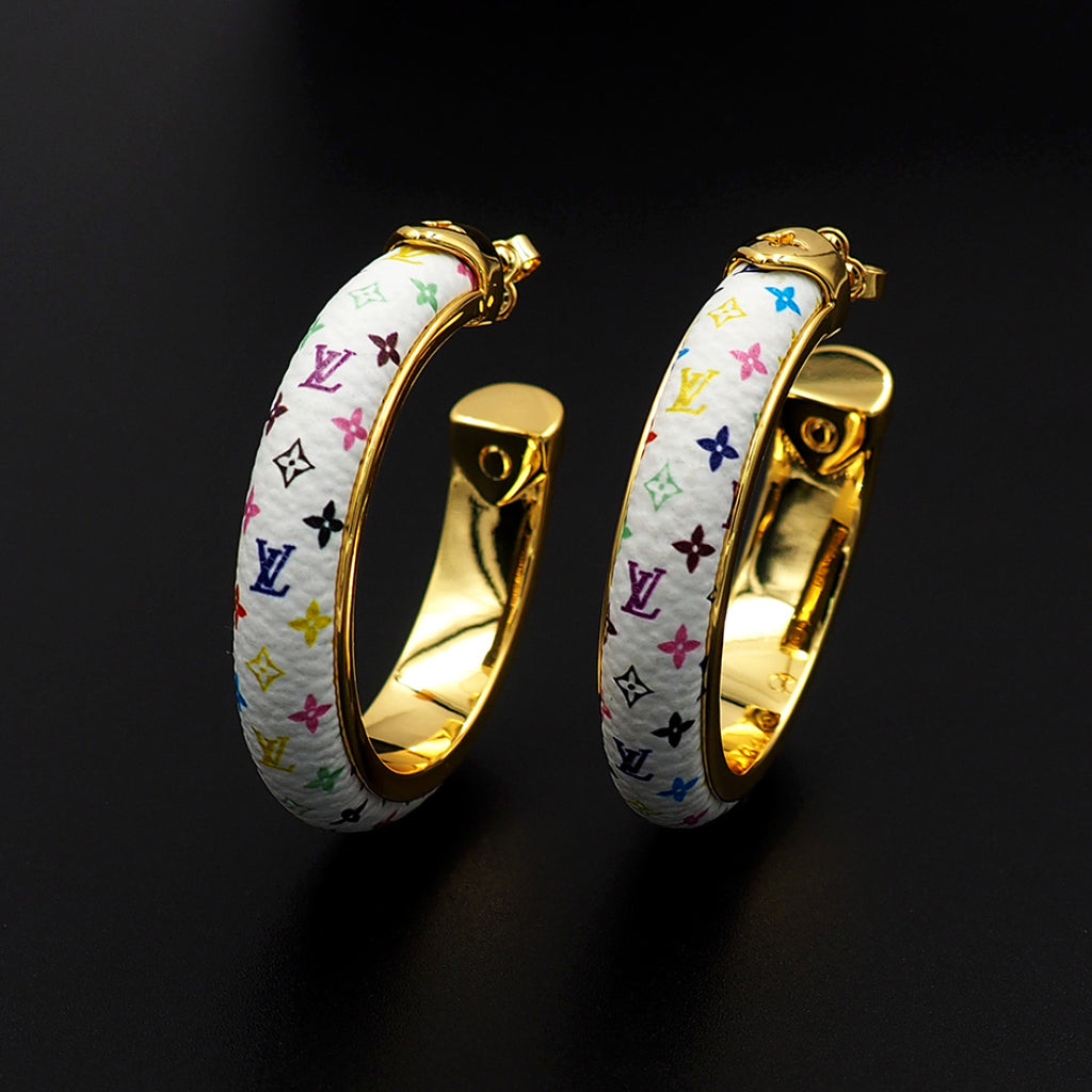 Louis Vuitton hoop earrings, gold-tone with multicolor monogram pattern and hinge backs