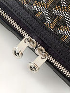 Goyard bag close-up of zipper hardware with metal rings on monogram fabric.