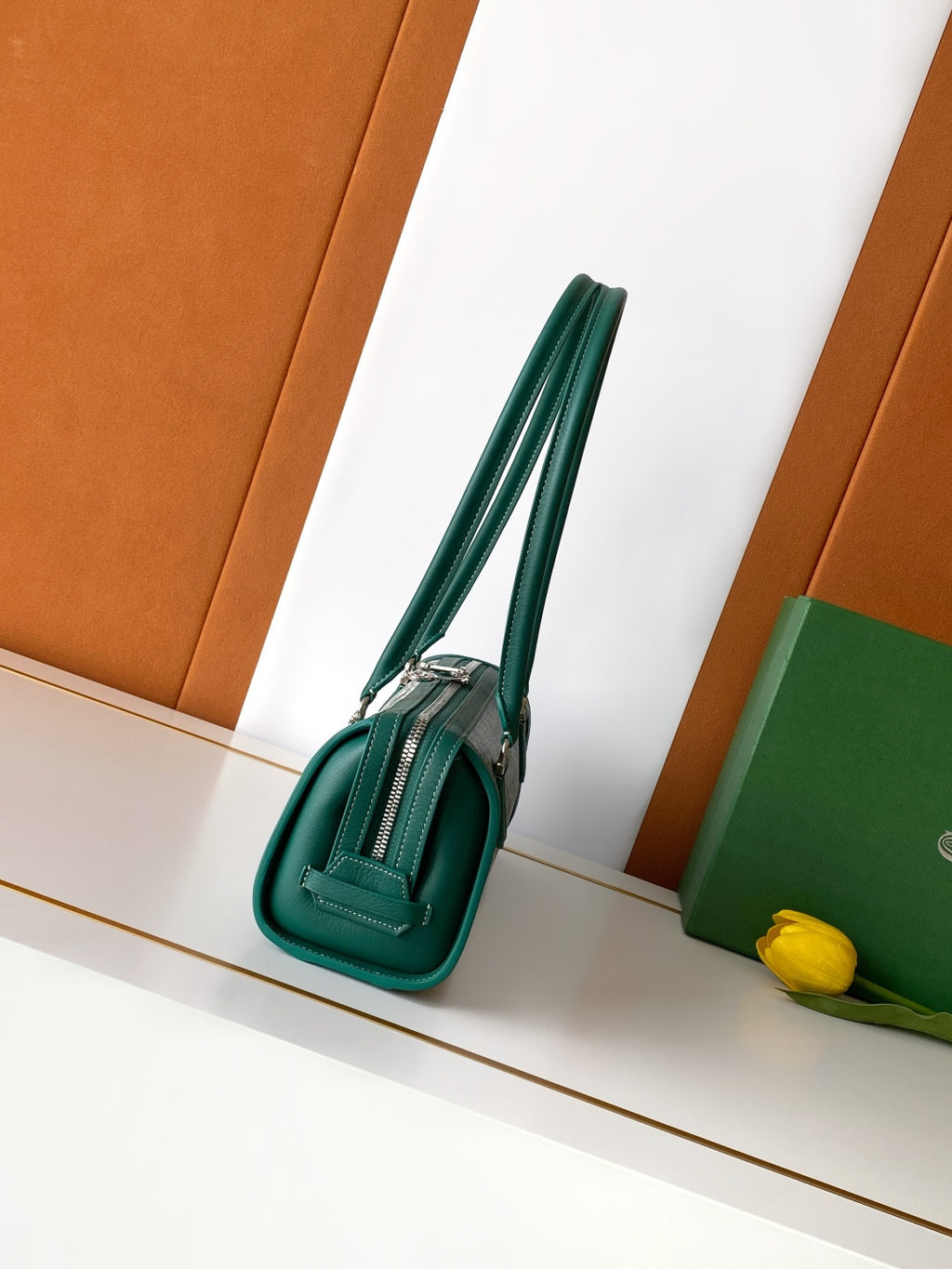 Goyard satchel bag, dark green patterned exterior with top handle and zip pocket