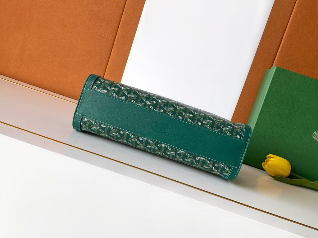 Goyard clutch bag, dark green patterned design with top zipper