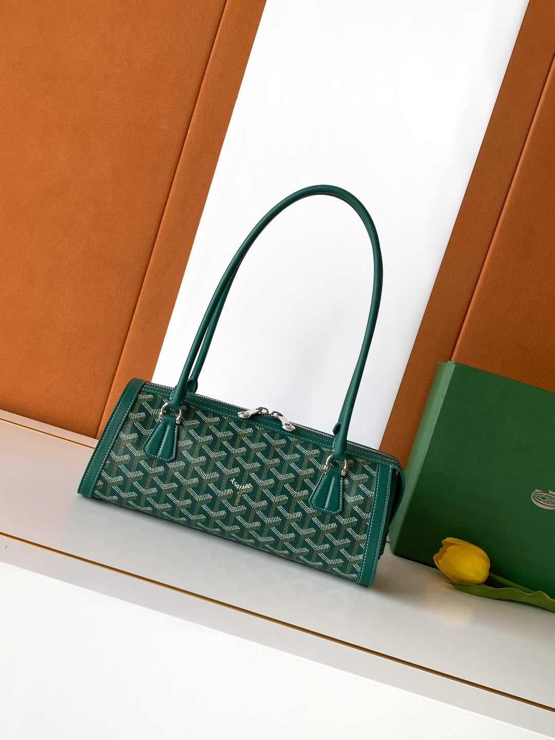 Goyard tote bag, dark green patterned canvas with top handles and front clasp