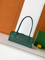 Goyard tote bag, dark green patterned canvas with top handles and structured shape